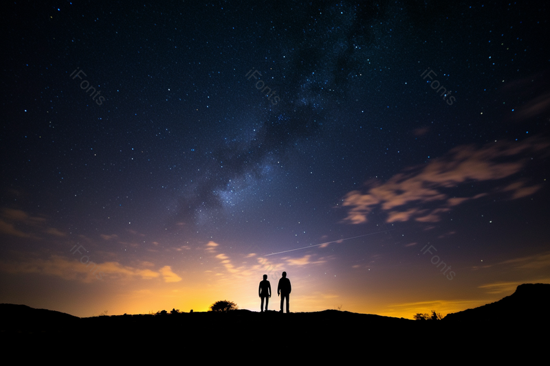 夜晚的星空和站在山坡的人的剪影,高清,摄影图,摄影图片,图片大全,摄影图免费下载